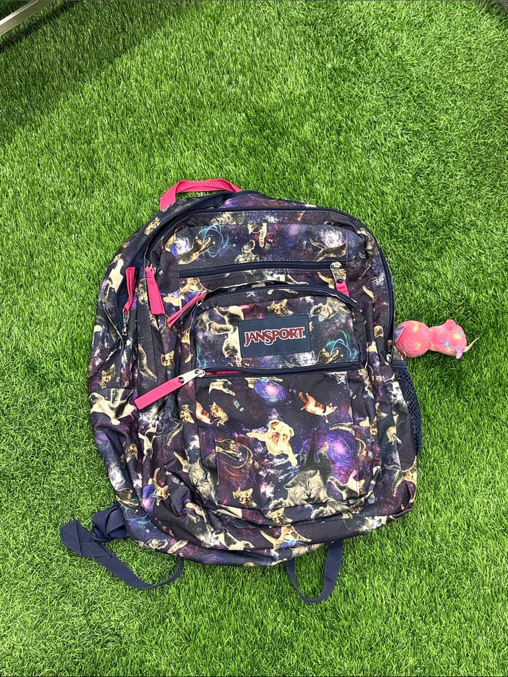 JanSport Kids' Galaxy Cats and Dogs Print Backpack - Navy with Pink Accents
